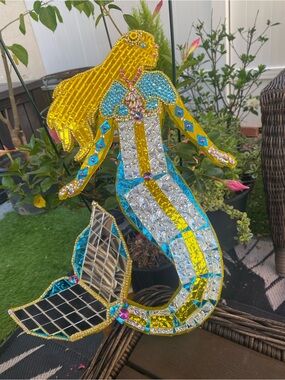 Beaded/Glass Handmade Mosaic Mermaid Wall Art - Yellow, Blue, Silver